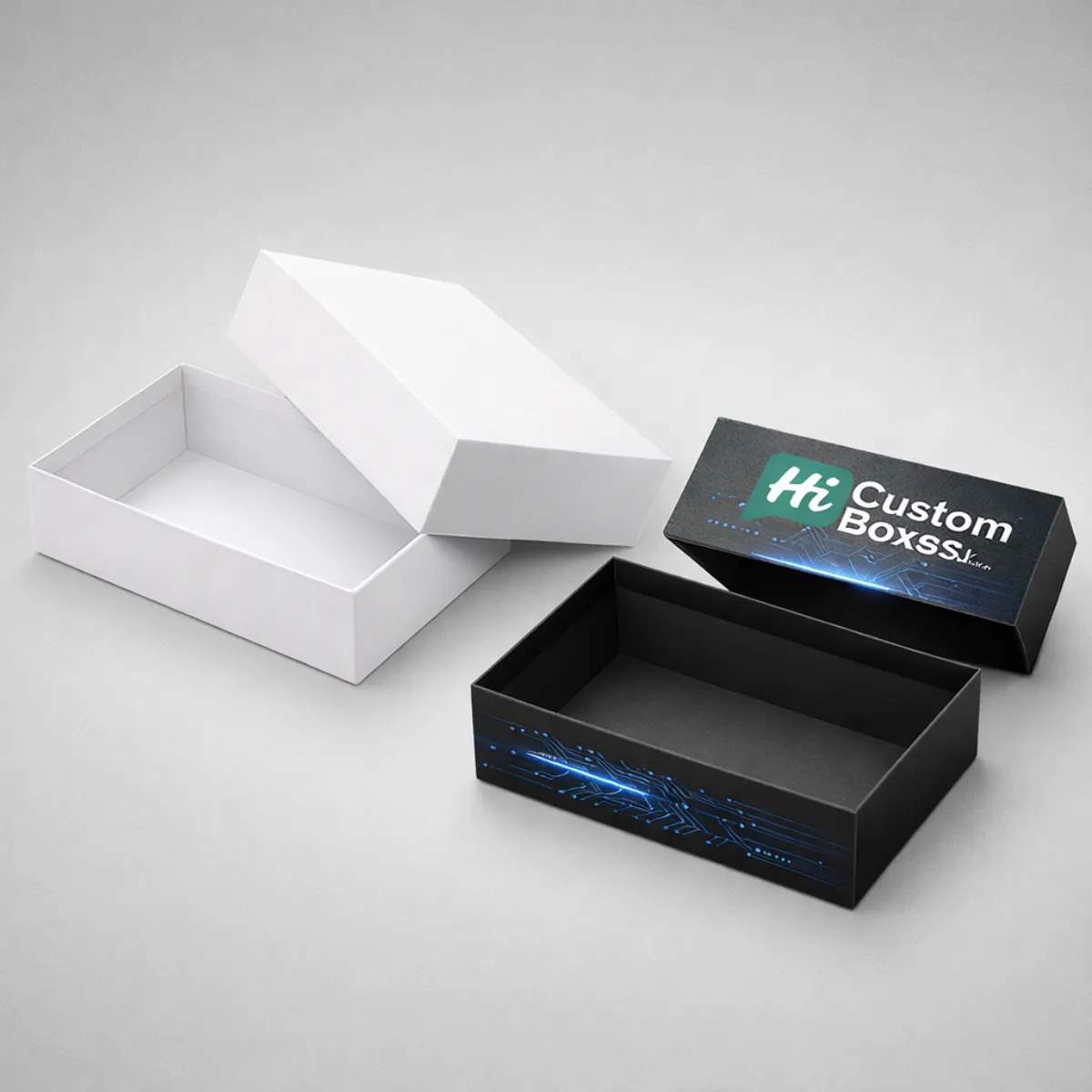 High-quality 3D mockup of open white and black branded two-piece rigid SSD packaging boxes. class=